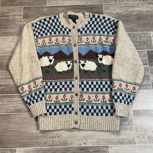 Vintage Charter Club Petites Wool Sheep Picture Cardigan Sweater Knit